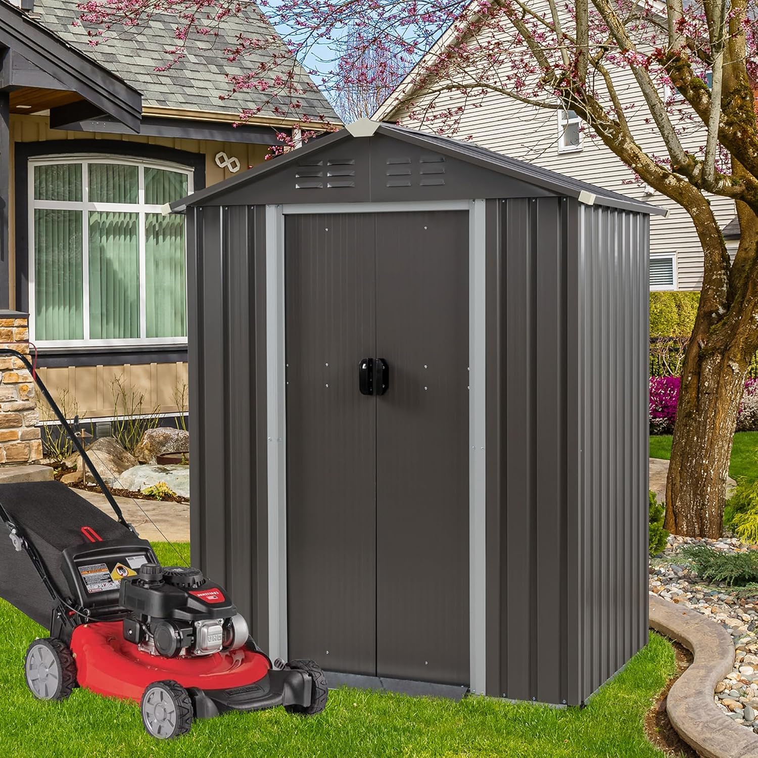Vongrasig 5 x 3 FT Outdoor Storage Shed, Metal Shed Small Garden Tool Storage Shed with Window and Lockable Door for Outside Backyard Patio Lawn (Grey)