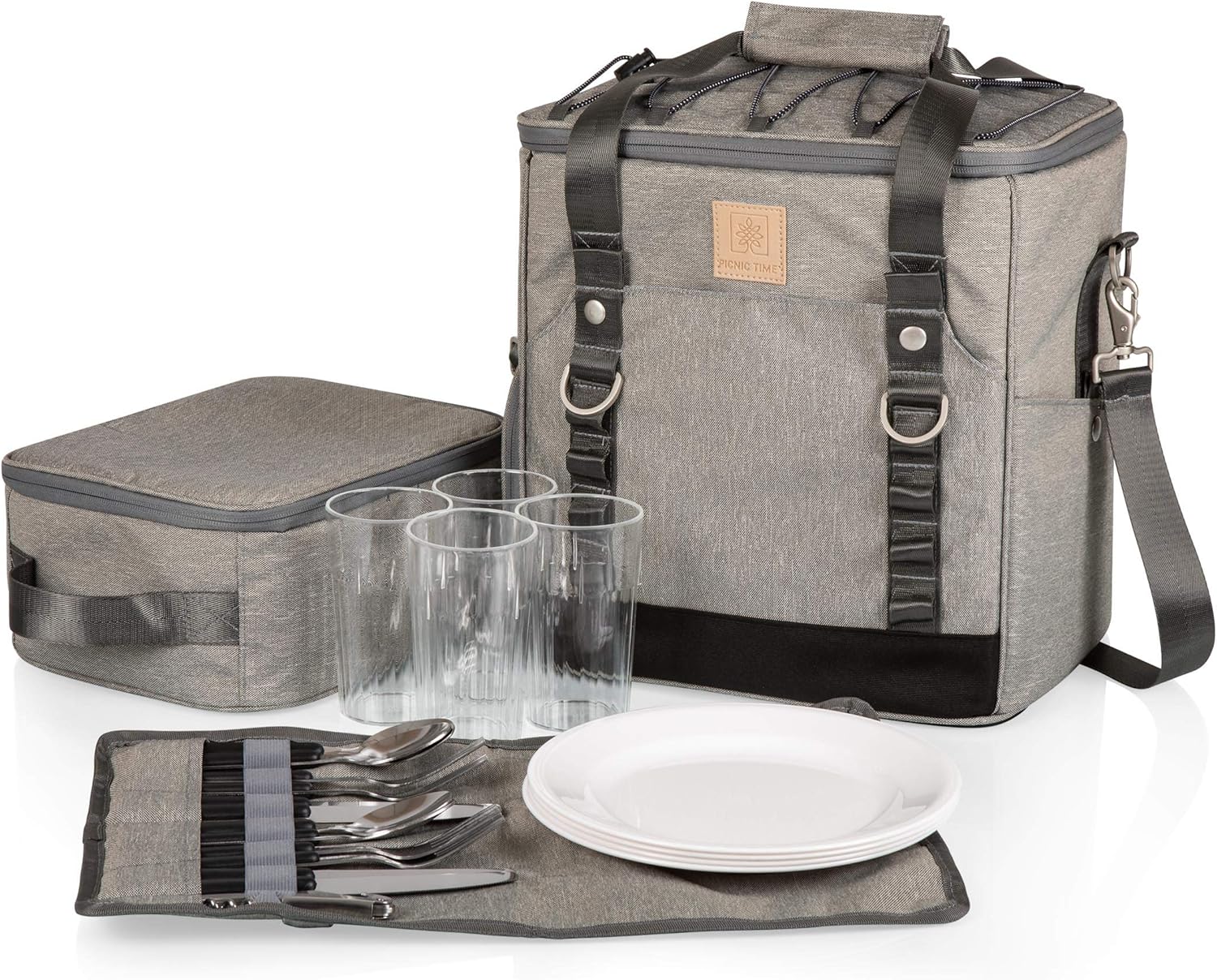 PICNIC TIME PT-Frontier Picnic Cooler Tote - Soft Cooler Bag with Picnic Set - Picnic Tote, (Heathered Gray)