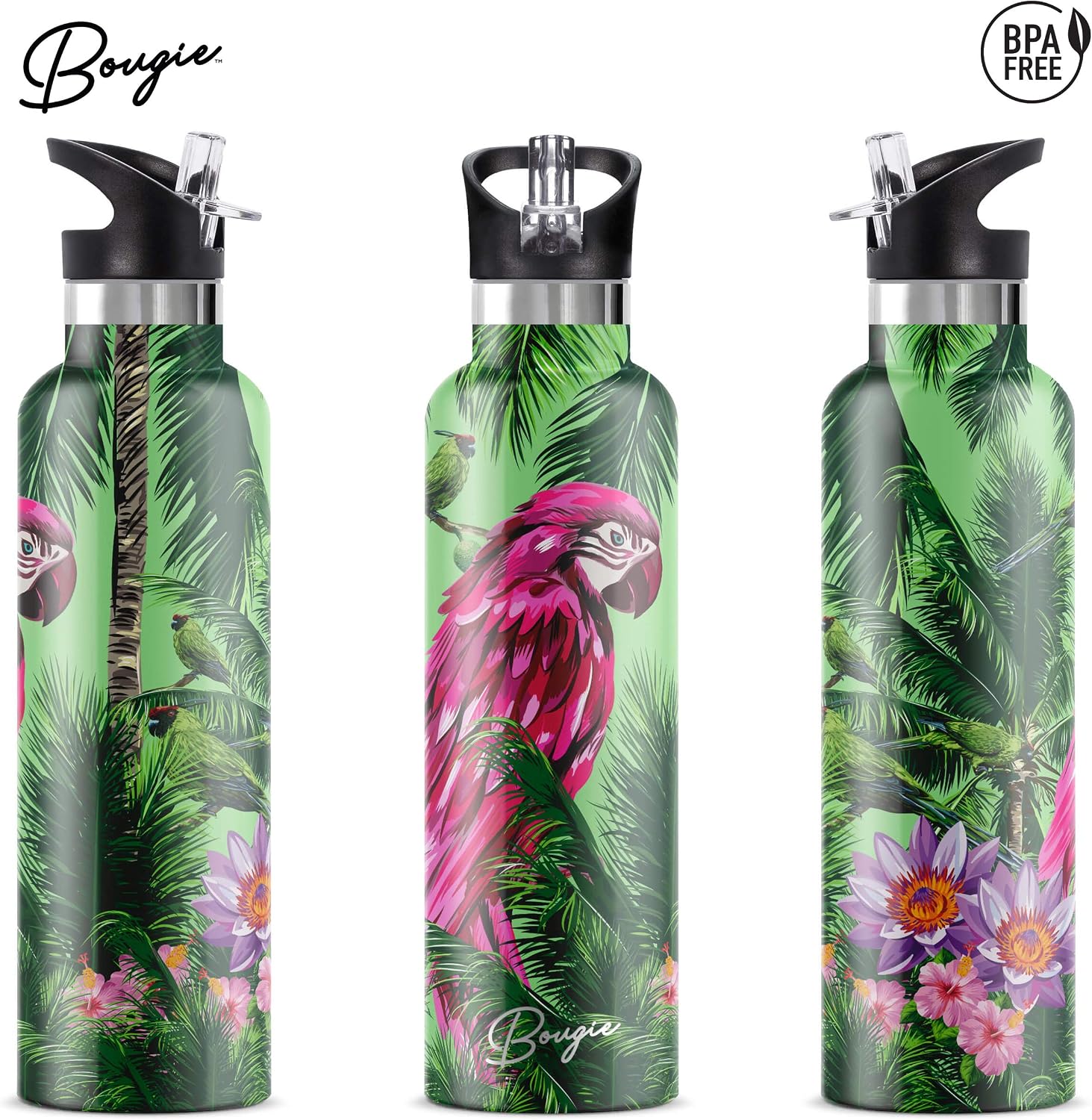 Water Bottle Stainless Steel with Straw | Wide Mouth Double Insulated | Cute Flamingo Gifts for Women | Easy Sip | Leak Proof Lid | BPA Free | Hot and Cold | Free Ice Tray and Pipe Cleaner | 25 oz
