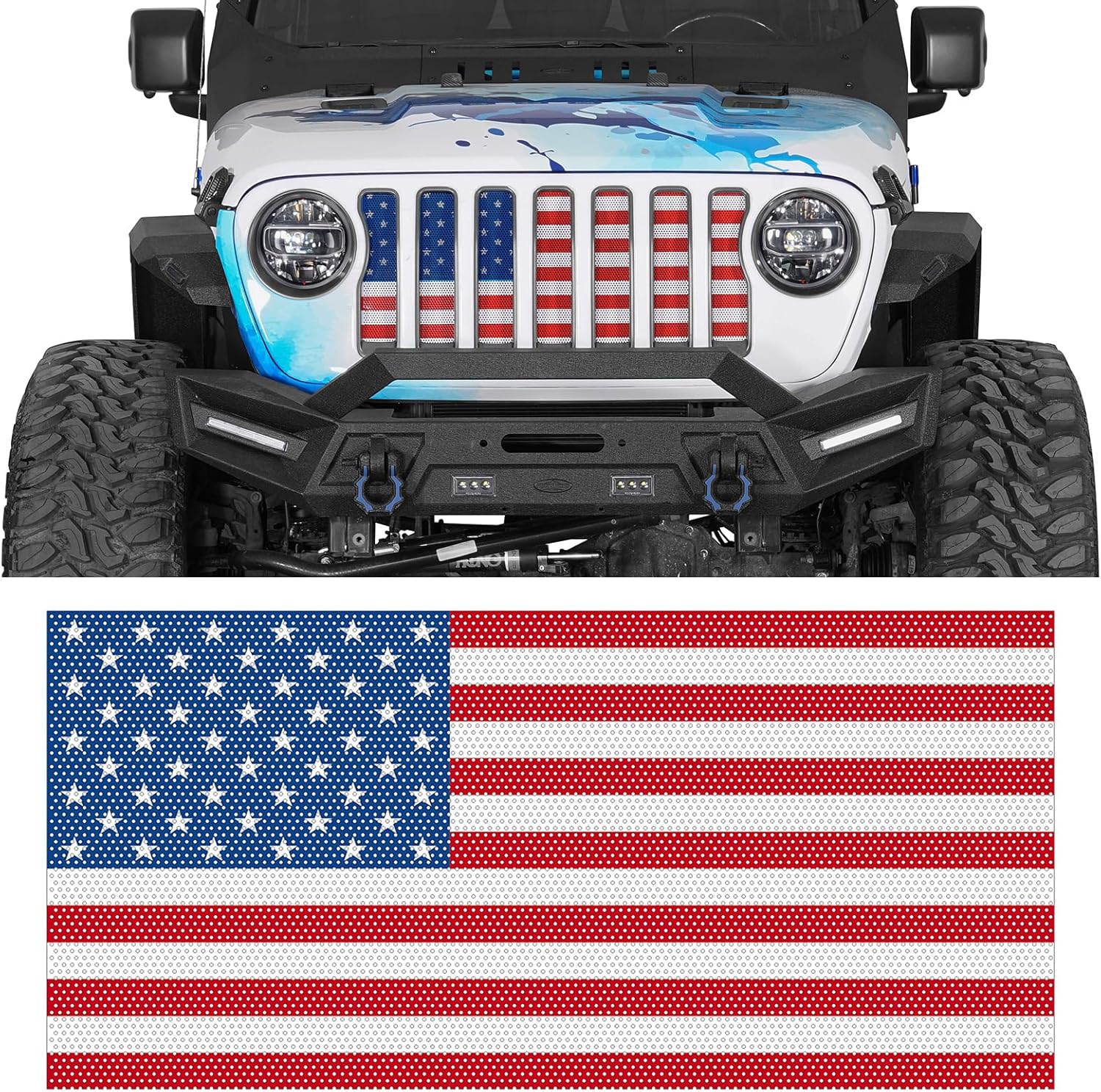 Hooke Road Gladiator Grill Inserts Bug Deflector JL Grille Guard Cover for 2018-2026 Jeep Wrangler JL & Gladiator JT (American Flag, Red & White, Steel)