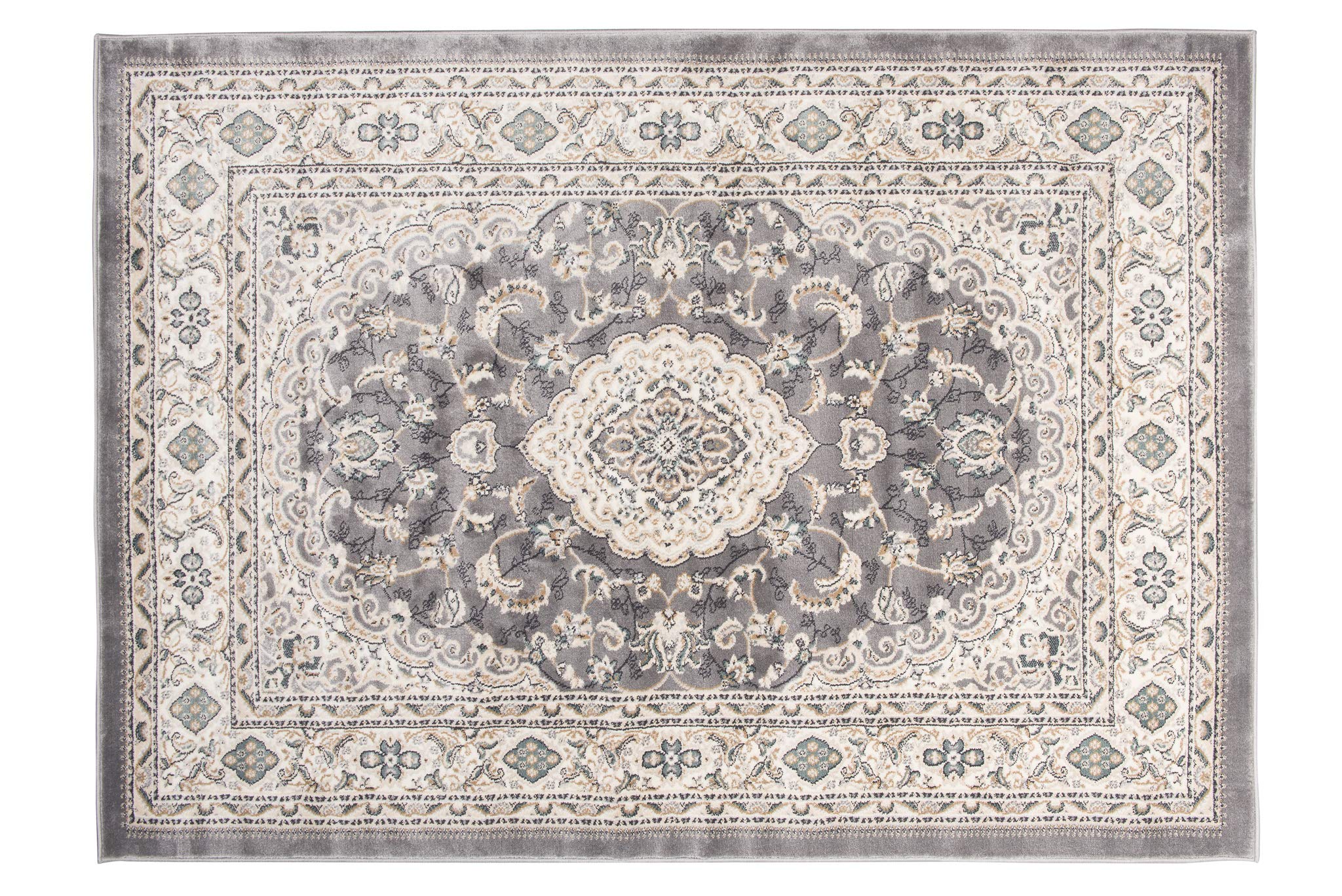 TAPISO Dubai Teppich Kurzflor Klassisch Orientalisch Creme Grau Floral Ornament Bordüre Design Wohnzimmer Schlafzimmer Meliert ÖKO-TEX 80 x 150 cm