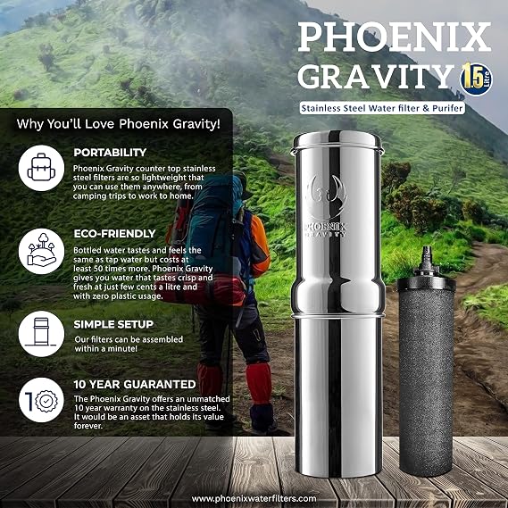 PHOENIX GRAVITY 1-Liter Gravity Water Filter System NSF/ANSI 42 & 372 Certified with 1 Smart (Black) Carbon Filter Cartridge & Water Bottle | Travel Friendly Camping, Home or Outdoor Use