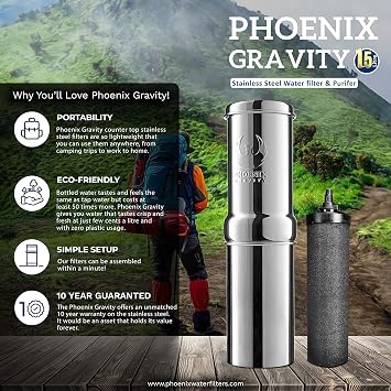 PHOENIX GRAVITY 1-Liter Gravity Water Filter System NSF/ANSI 42 & 372 Certified with 1 Smart (Black) Carbon Filter Cartridge & Water Bottle | Travel Friendly Camping, Home or Outdoor Use