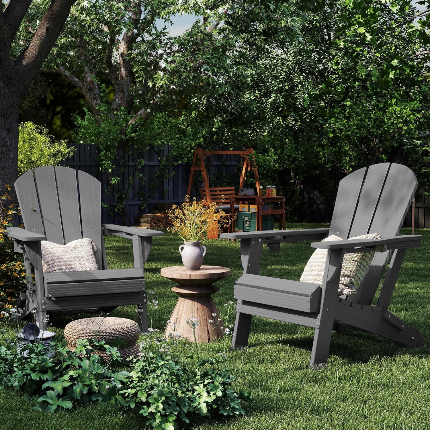 Foldable Adirondack Chair with Cup Holder-Heavy Duty Recycled HDPE Outdoor Patio Furniture, Weather Resistant Deck Lawn Fire Pit Chair (Gray, 1 Chair)