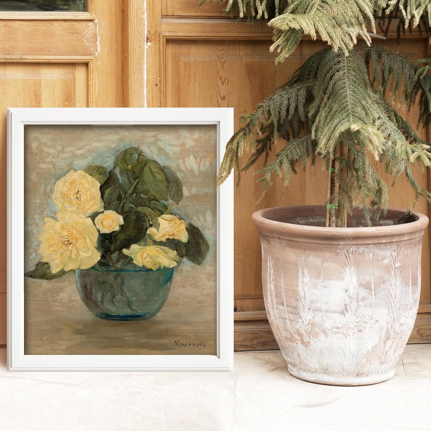 CLOUD NINE PRINTS | Yellow Roses, Vintage Polish Still Life Print - Farmhouse Flower Wall Art, Rustic Yellow Country Decor, Rose Art (Unframed 11x14 Print)