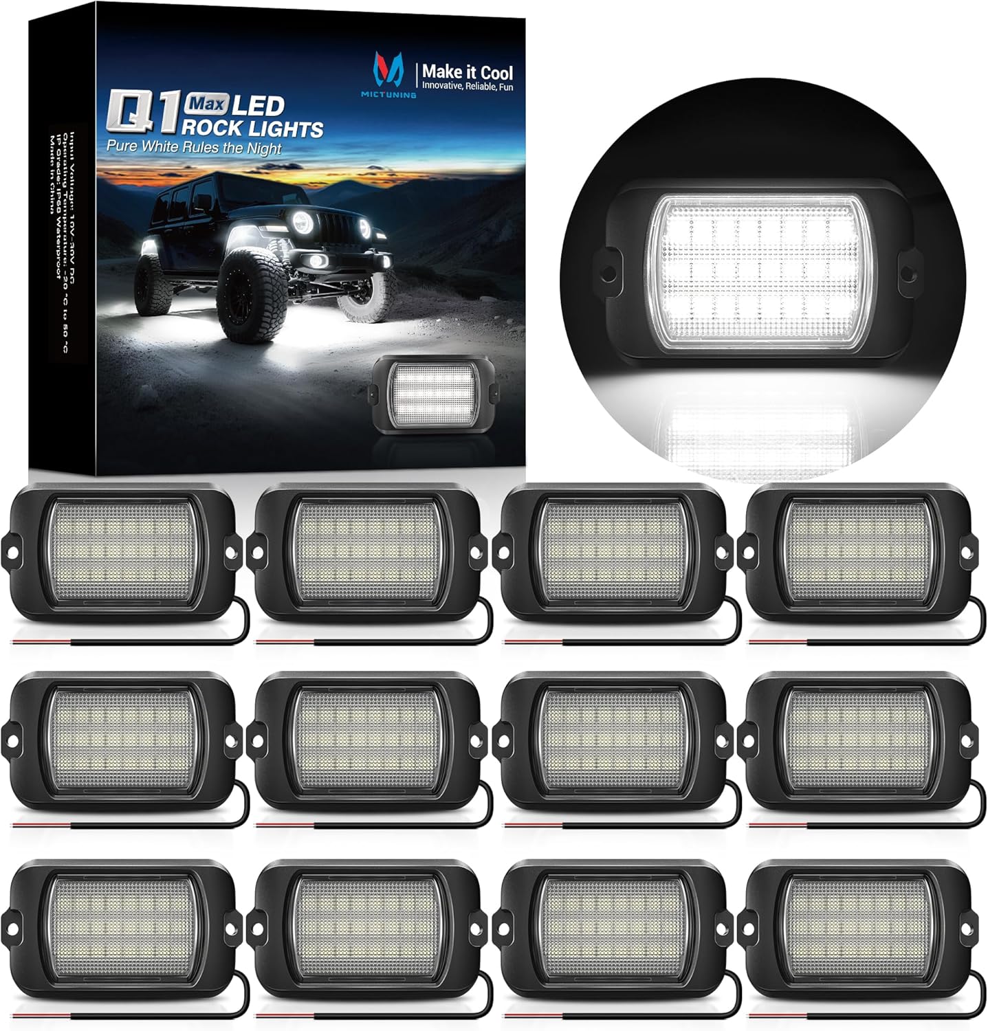 MICTUNING Q1 Max White Rock Lights, 4 Pods Super Bright Pure Underglow Light Kit, IP68 Waterproof for Truck Car ATV UTV Golf Cart (2 Year Warranty)