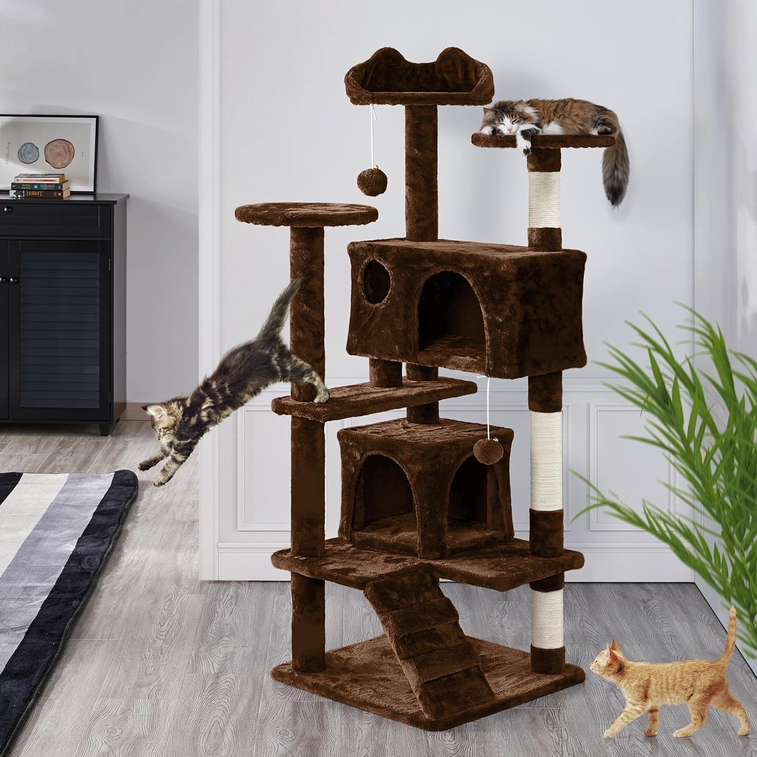 Costoffs Brown Cat Tree Tower,Cat Scratcher Activity Centre Scratching Posts with 2-Condo and Dangling Toys