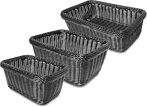 Cesta rectangular de utilidad, cordón de polietileno tejido a mano, negro, juego de 3