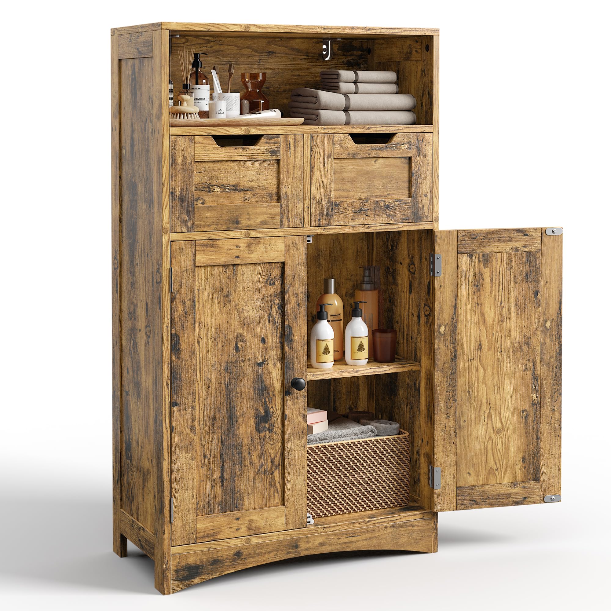 Bealife Armoire Salle de Bain, Armoire de Rangement avec 2 Tiroirs, Étagère Réglable et 2 Portes, Meuble Rangement pour Salon, Chambre, 60x30x108 cm, Rétro