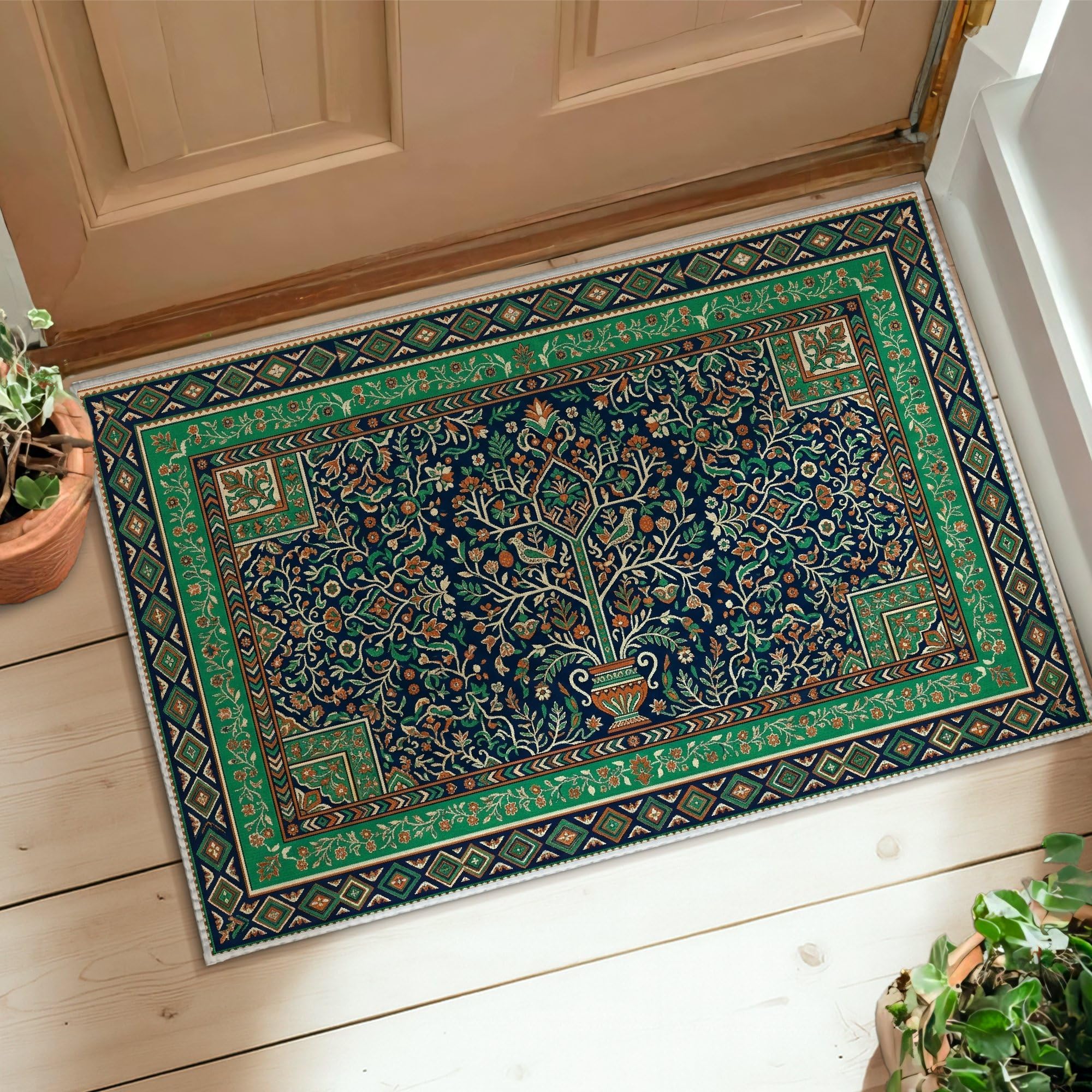 Tapis oriental bleu marine à poils courts qui ne perd pas ses poils