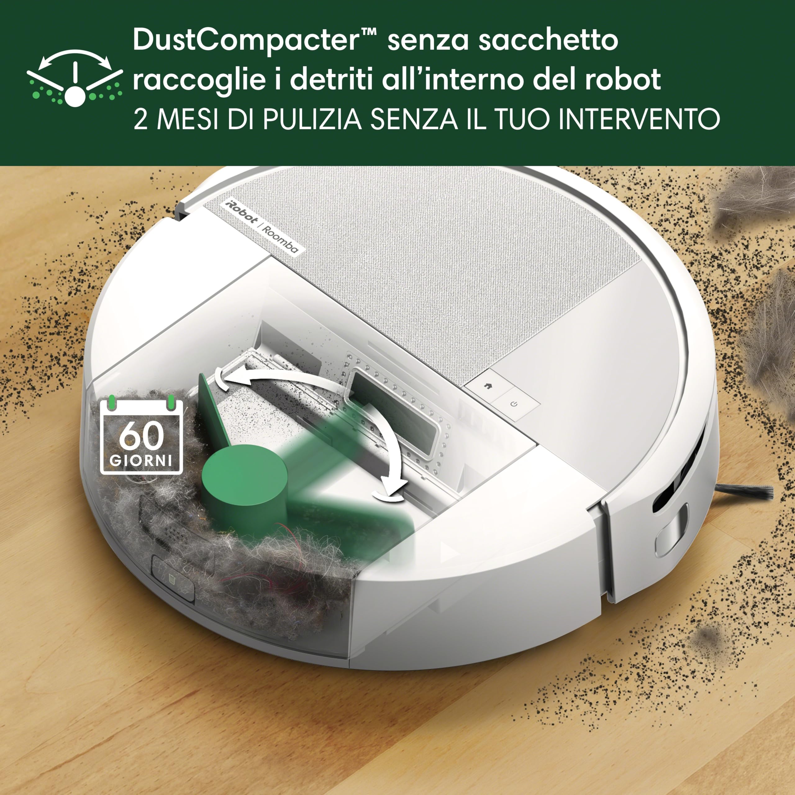 iRobot Roomba 205 DustCompactor Combo, Robot Aspirapolvere Lavapavimenti, Senza Sacchetto, Raccoglie e Compatta la Polvere, Navigazione LiDAR, Rileva Tappeti/Moquette, Controllo tramite App, Bianco