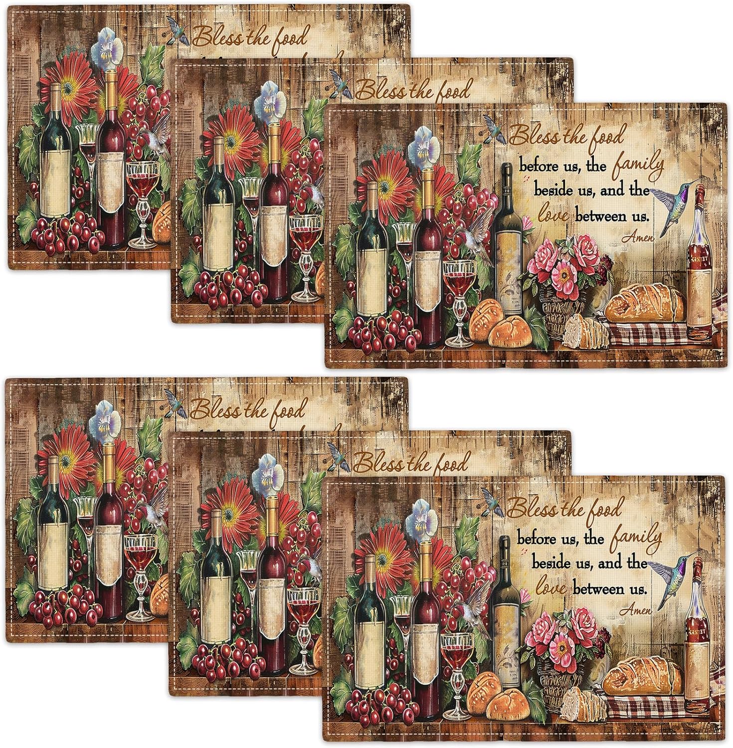 Vintage Wine Placemats Set of 6 Farmhouse Wine Glass Table Mats Christian Blessed Place Mats Decor Imitation Linen Heat Resistant Tablecloth for Dining Decoration Kitchen Party Restaurants 12''x18''