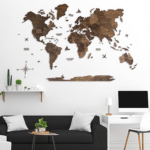Miniatura 3 de Arte de pared de madera 3D hecho a mano con mapa del mundo, decoración de pared grande, rastrea tus viajes por el mundo, especial para el hogar, la