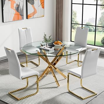 47.2" Round Dining Room Table Set for 4, 5-Piece Glass Kitchen Dining Table Set with Gold Metal Legs & 4 White PU Leather Dining Chairs, Circle Glass Kitchen Table and Chairs Set for Small Place