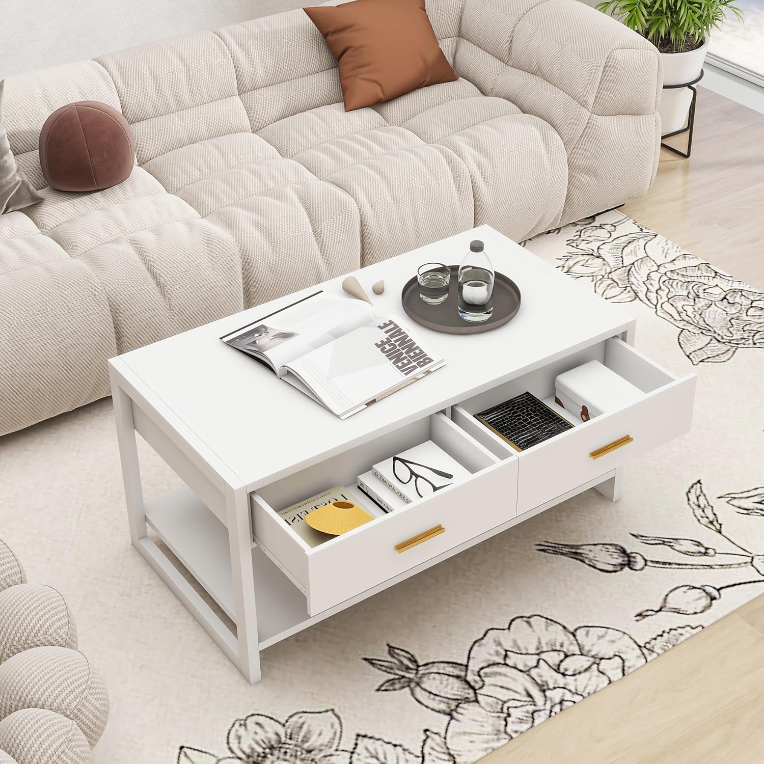 Coffee Table with Sensor Light - Modern Storage Coffee Table with Drawers and Shelf for Living Room, Office, Outdoor