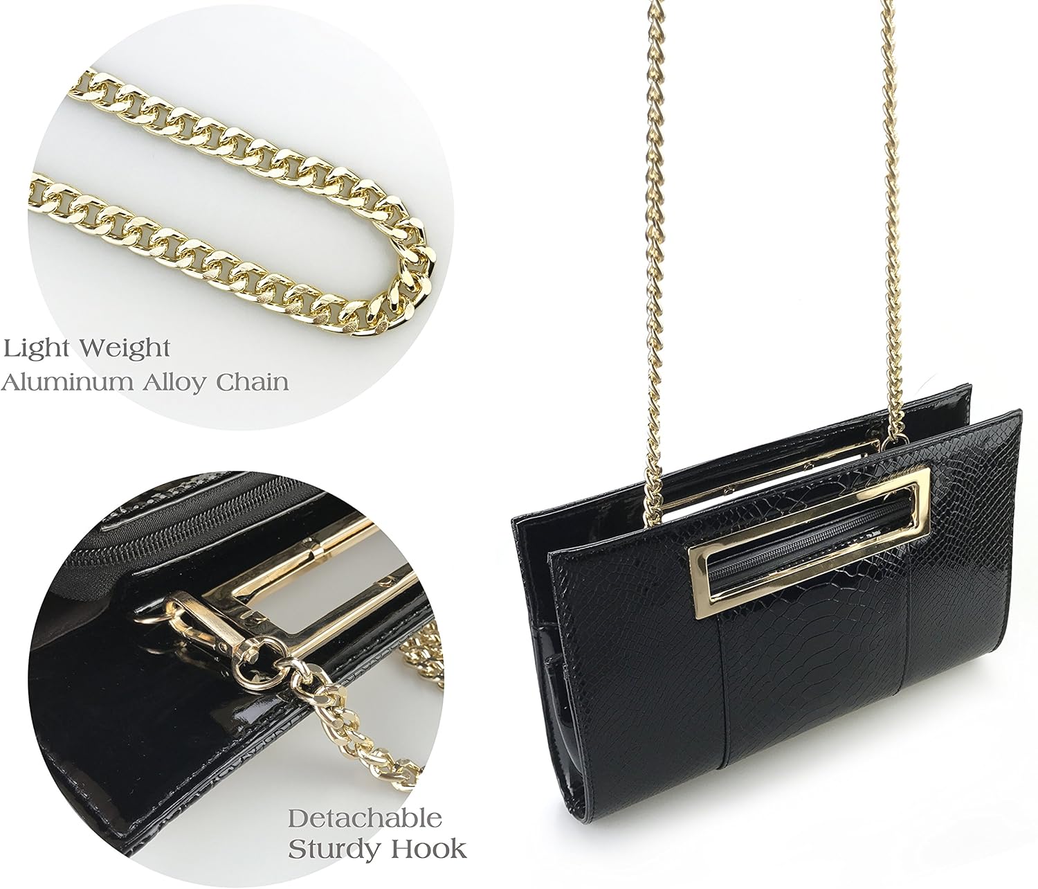 HOXIS Classic Crocodile Pattern Faux Leather Metal Grip Cut it out Clutch with Chain Shoulder Strap Womens Handbag | Crocodile Pattern, Faux Leather, Metal Grip, Cut it out, with Shoulder Strap - Image 6