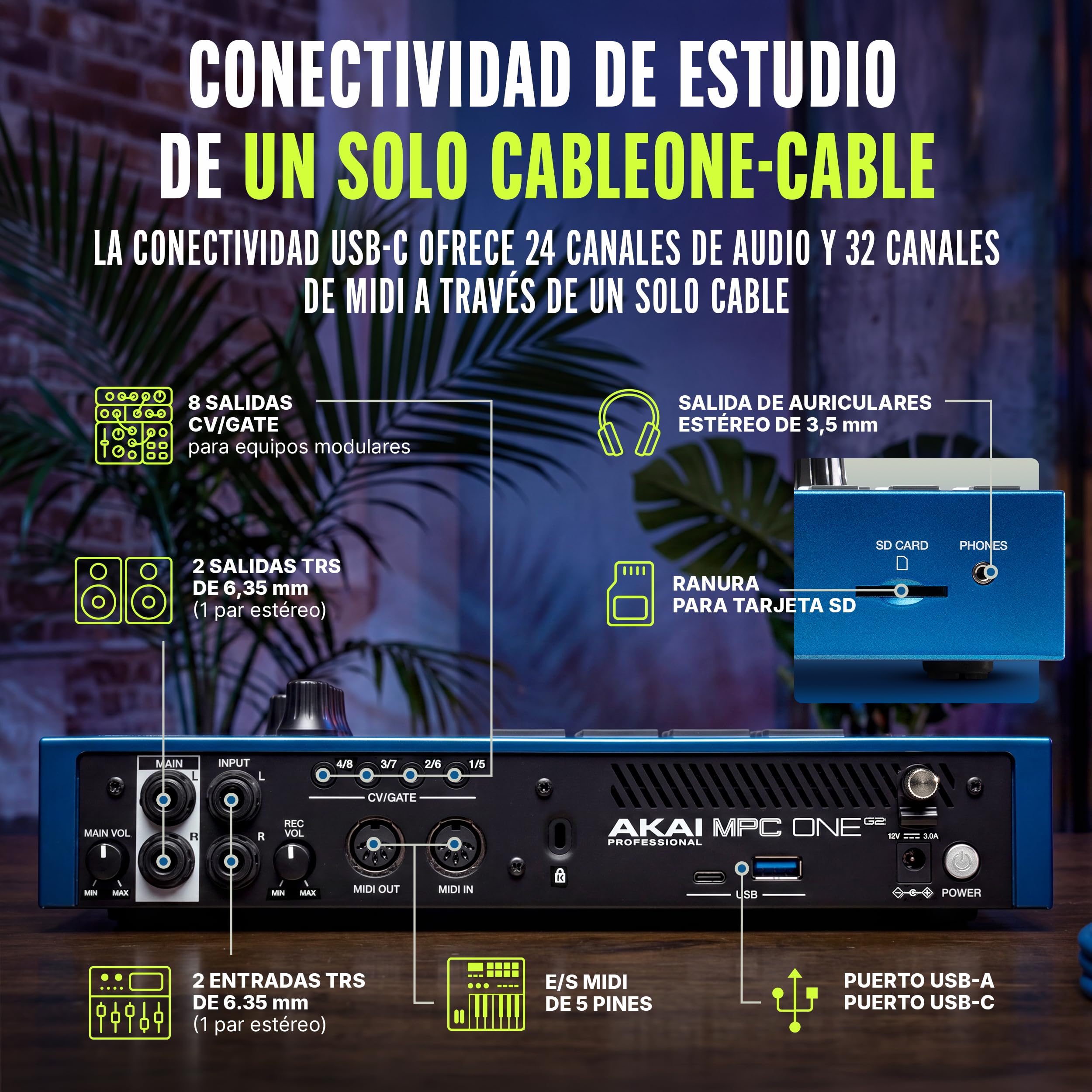 Akai Professional MPC One G2 Centro Producción Autónomo Next-Gen | Para beatmakers y productores, sampling, secuenciación y creación, con USB-C, 16 pads MPC, procesador 8 núcleos, 4GB RAM
