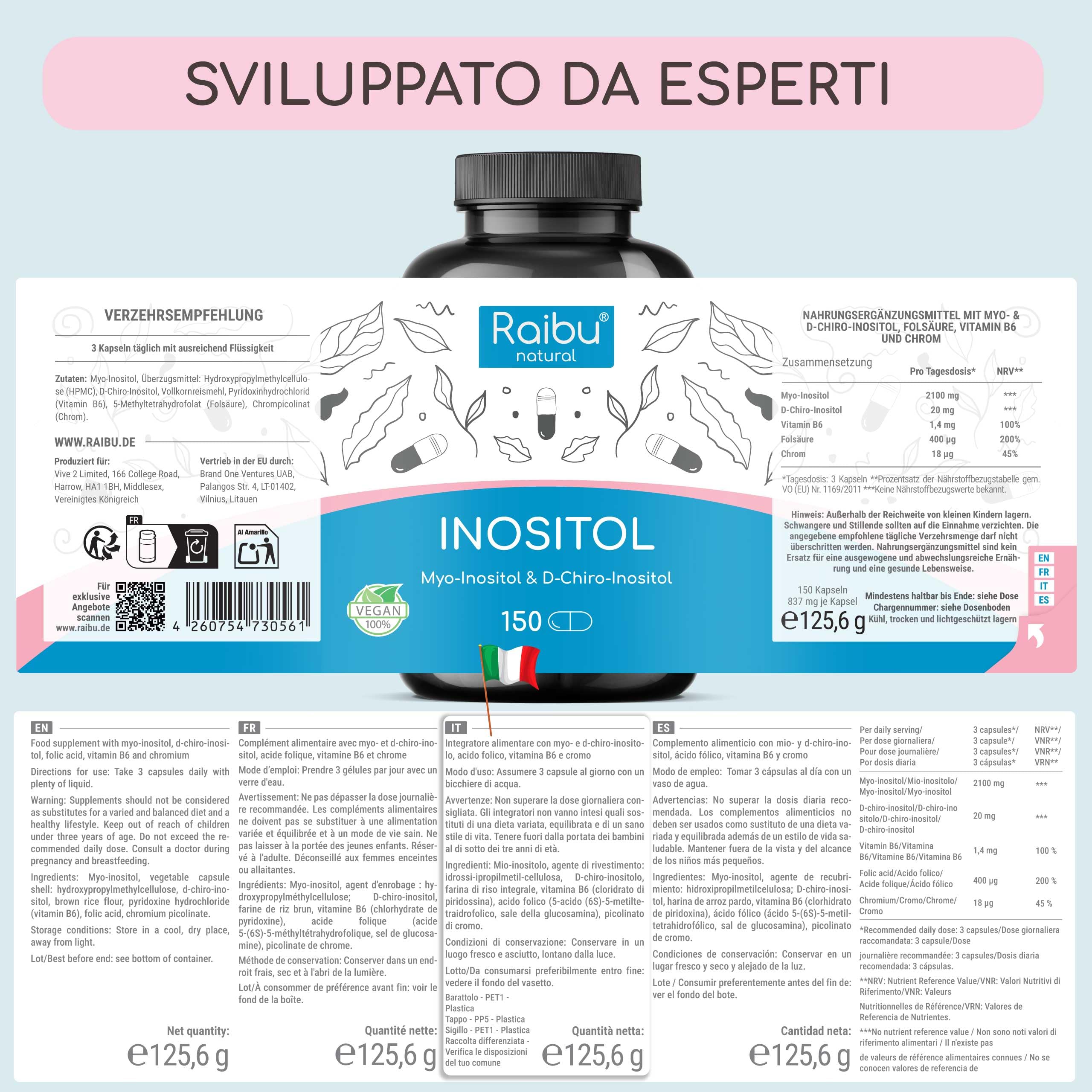 Inositolo Integratore, Myo & D Chiro Inositolo - PCOS e Ovaio Policistico - 150 Capsule Vegane con Acido Folico, Vitamina B6 e Cromo - Dose Elevata, Combinazione Efficace - Raibu
