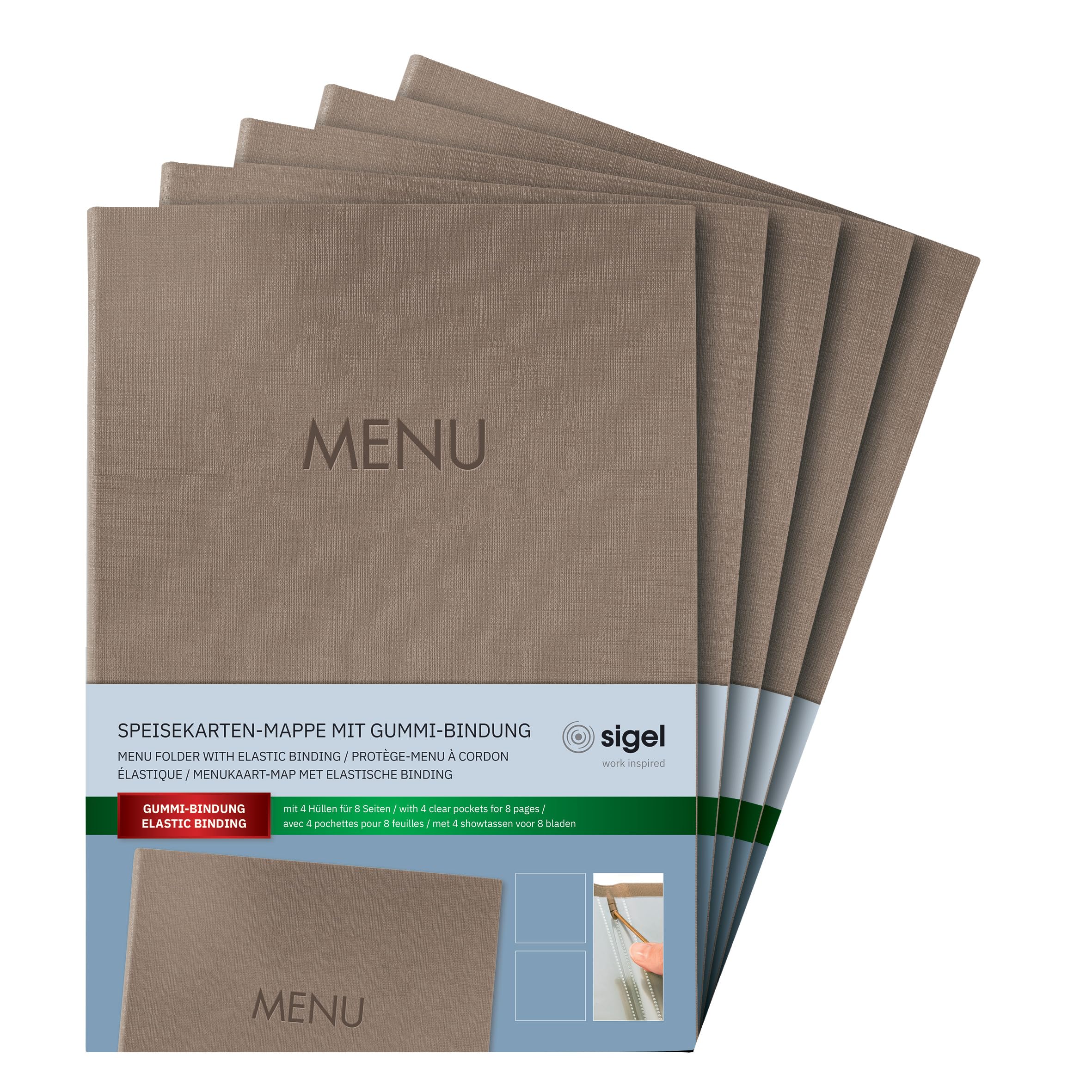 SIGEL SM210/5 Speisekarten-Mappe A4, Gummi-Bindung, beige mit Leinenstruktur, 5er Pack, strapazierfähig und leicht abwischbar