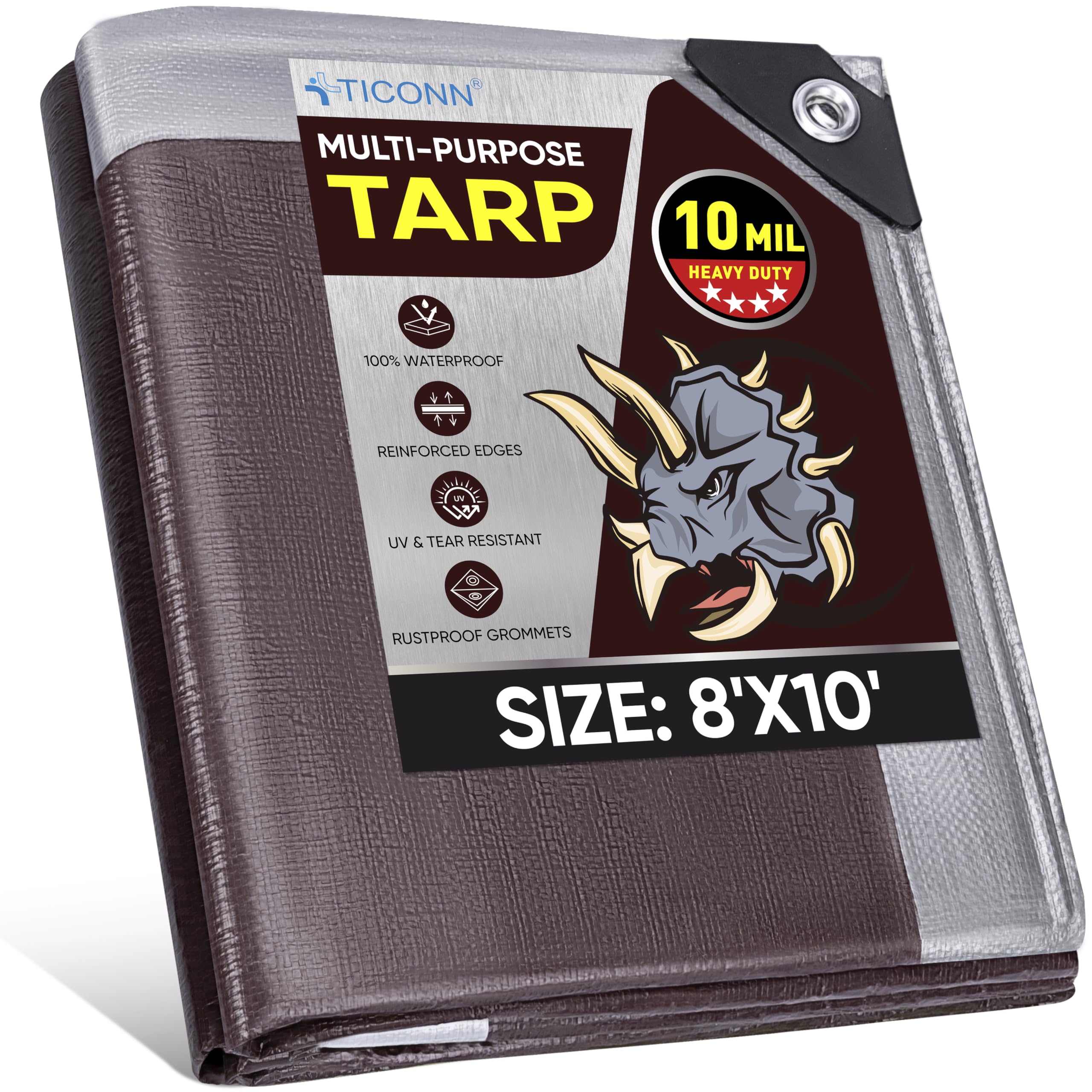 TICONN Heavy Duty Tarp Cover, Extra Thick Tarps Waterproof Tear and Rip Proof UV Resistant Tarpaulin with Reinforced Grommets and Edges (10 Mil, 8'x10')