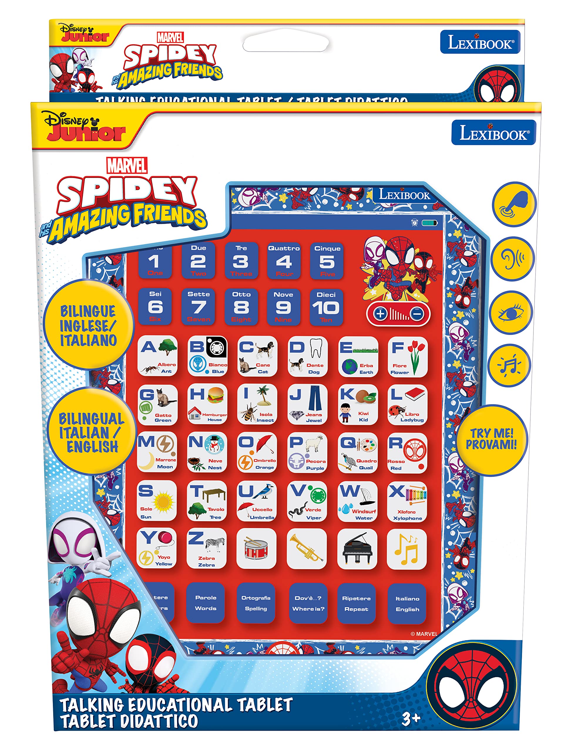 Lexibook, Spidey e i Suoi Fantastici Amici, Tavoletta didattica bilingue, Giocattolo per Imparare Lettere Alfabeto Numeri Parole ortografia e Musica, Inglese/Italiano, Blu/Rosso, JCPAD002SPi5