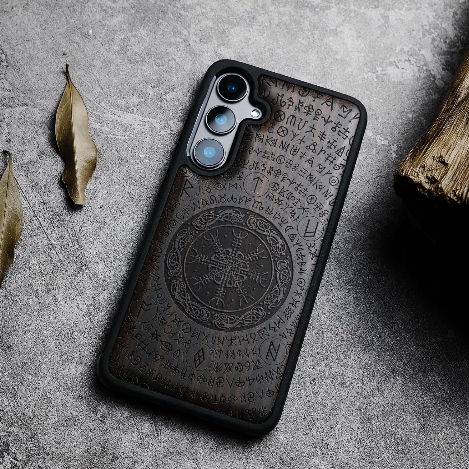 Carveit Wood Case for Galaxy S24 - Natural Wood & Black Soft TPU, Shockproof Protective Cover, Unique Wooden Design with Viking Symbol - Blackwood