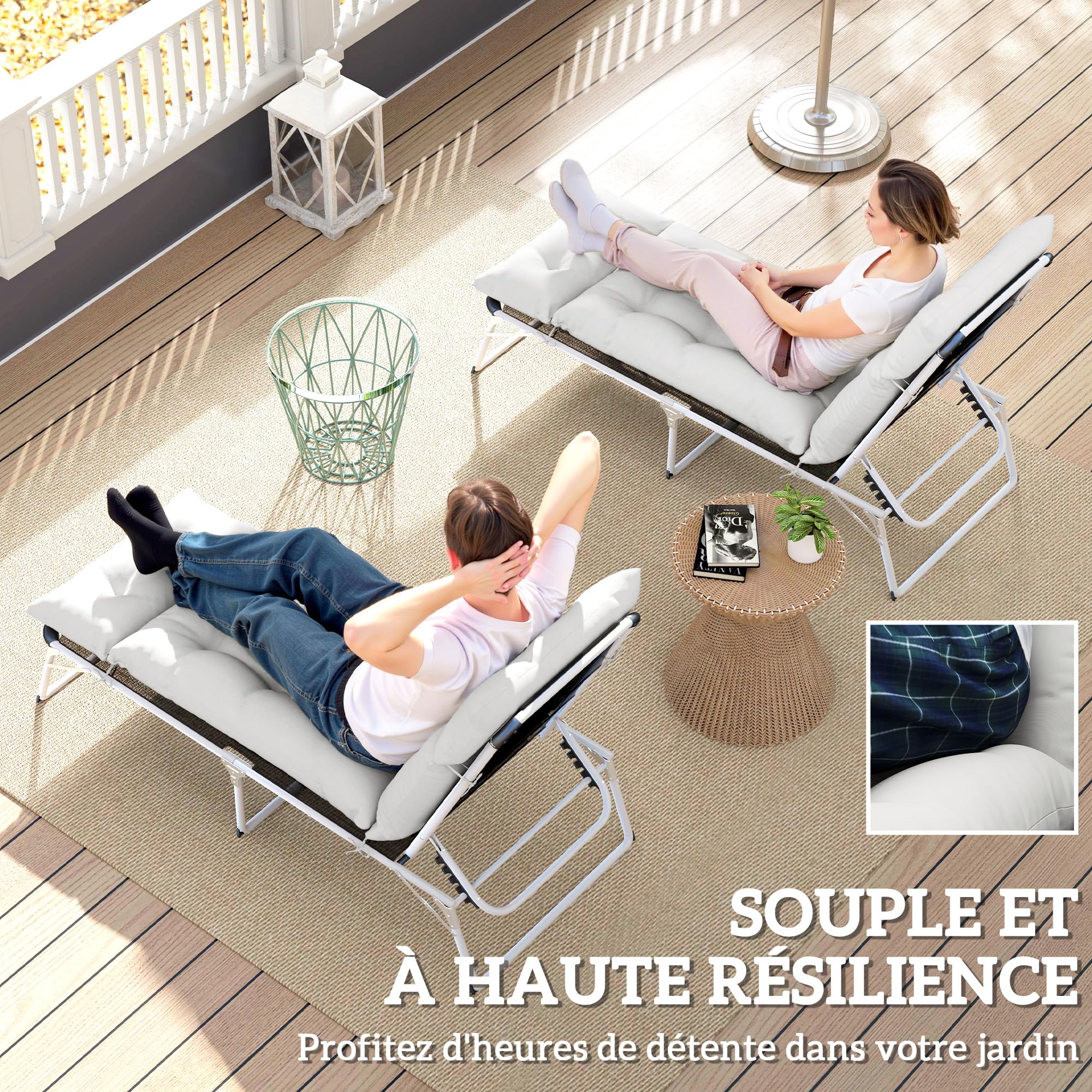Outsunny Lot de 2 Coussins de Chaise Longue Coussin Bain de Soleil - épais, Confortable et rembourré - Matelas transat avec 6 Attaches, 190 x 56 x 10 cm, Gris Clair