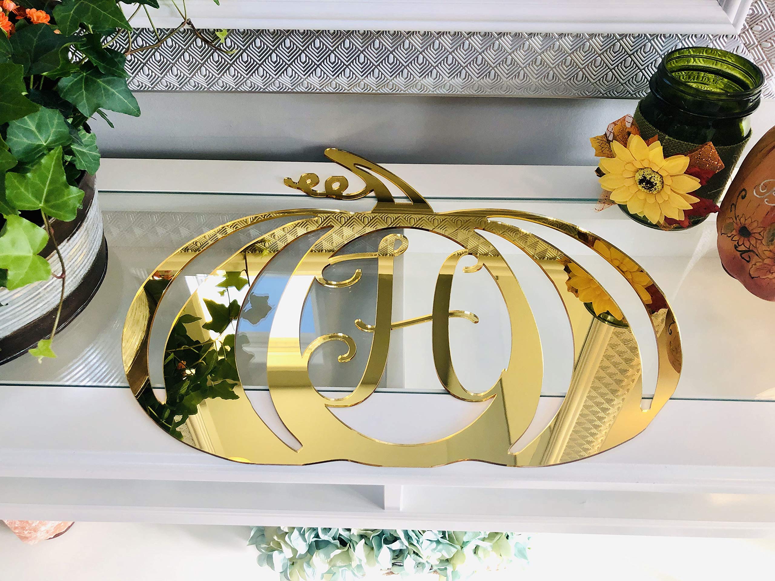 DistinctAndUnique (Gold Mirror Acrylic, S) Halloween Pumpkin Monogram Door Hanger - Seasonal Decorative Wreath Decor Personalized Letters Rustic Fall Autumn Decoration