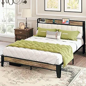 LIKIMIO Full Size Bed Frame, Storage Headboard with Charging Station, Solid and Stable, Noise Free, No Box Spring Needed, Easy Assembly (Walnut and Beige)