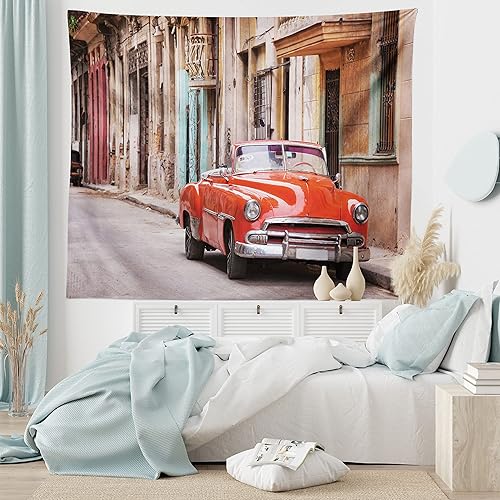 Miniatura 6 de Ambesonne Tapiz de autos, auto americano clásico en una calle con casas Caribbean Havana Cuba, para colgar en la pared para dormitorio, sala de