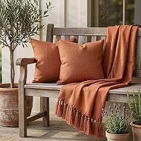 Kit Manta Para Sofá Em Linho Terracota + 2 Capas De Almofadas 45x45 Luxo