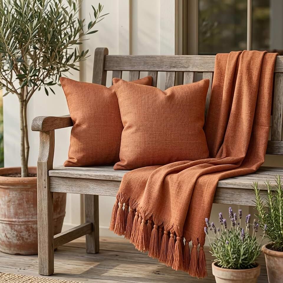 Kit Manta Para Sofá Em Linho Terracota + 2 Capas De Almofadas 45x45 Luxo