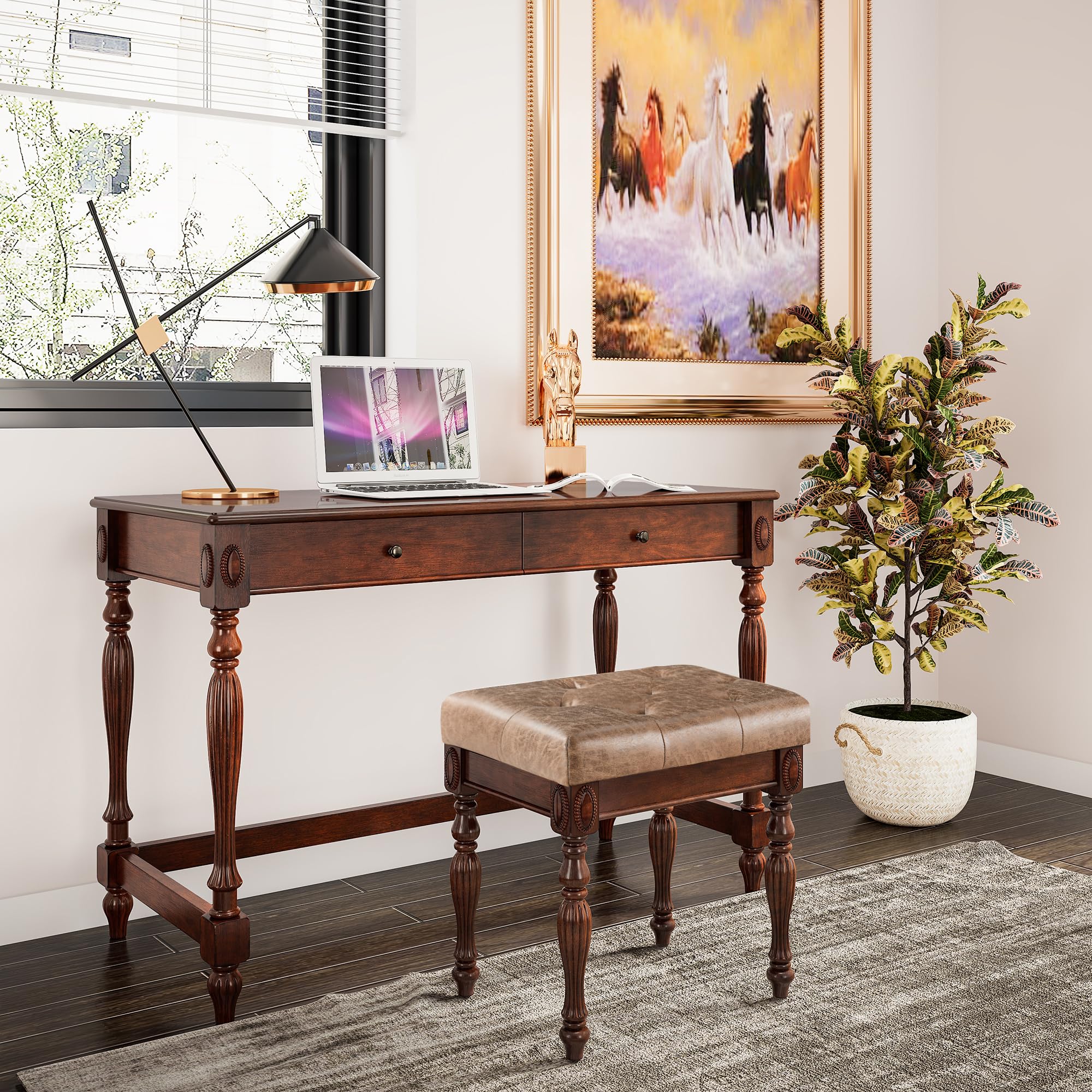 46" W Wood Writing Desk Stool Set, Large Vanity Set-Cheery&amp;Light Wheat