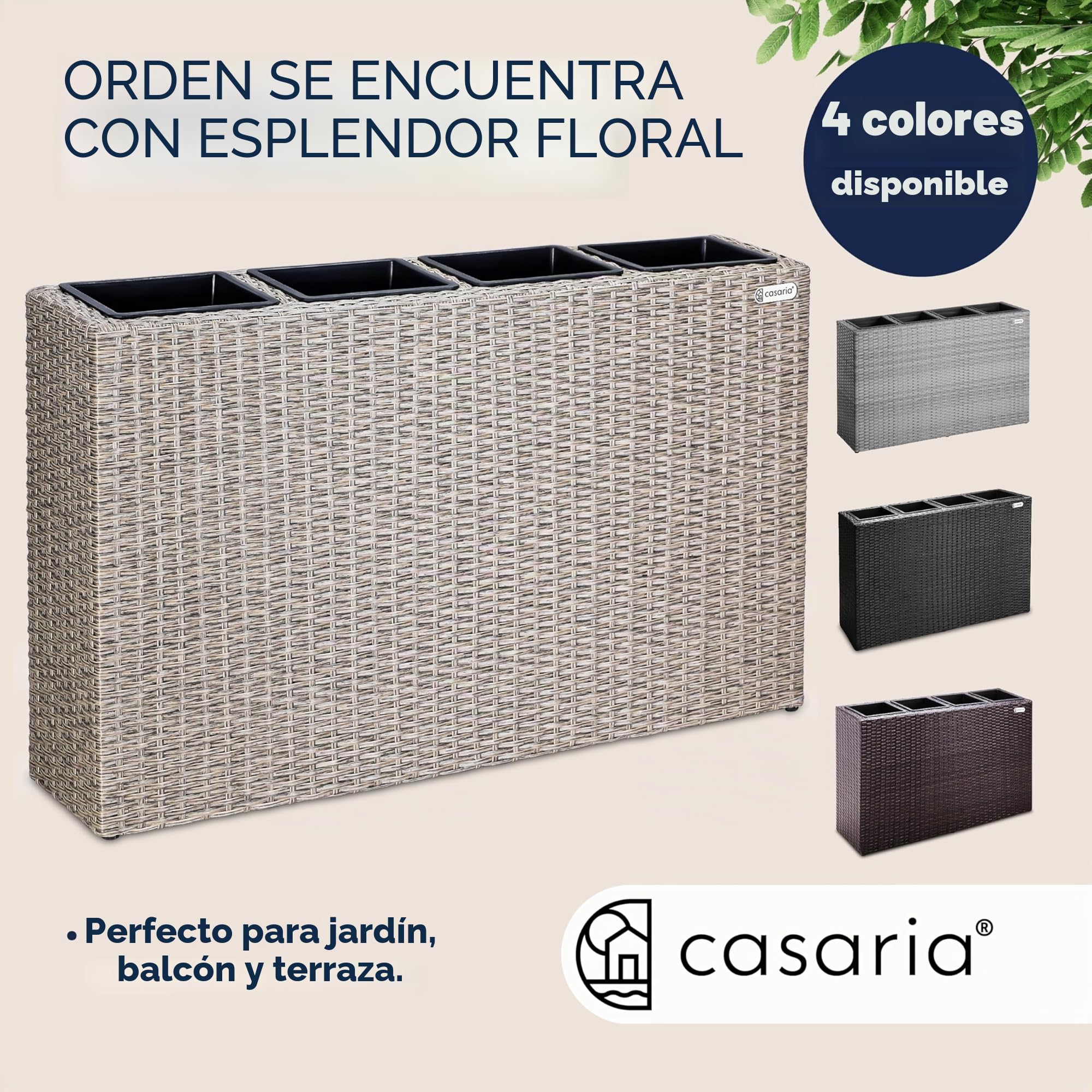CASARIA Macetero de Poliratán para Exterior jardín 4 Macetas Drenaje de Agua 95 x 27 x 60 cm Jardinera Crema