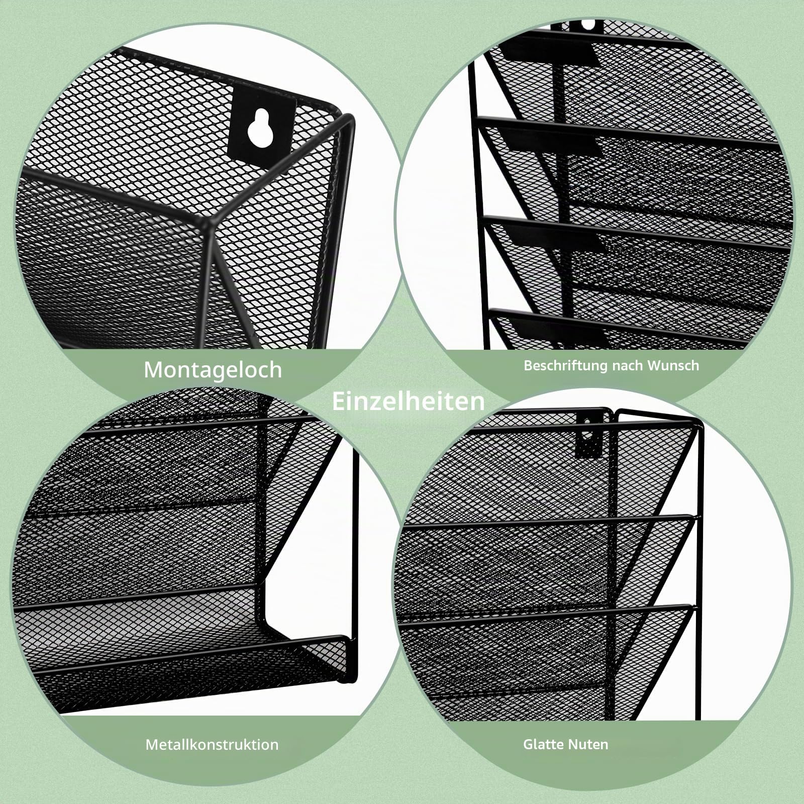 9-stöckiger Netz-Wand-Aktenhalter mit flacher Ablage unten, mittelgroßes Netz, vertikale Hängeregistratur-Organizer, Büro-Hängeregister, Zeitschriftenständer, Namensschild-Haken-Set inklusive, Schwarz