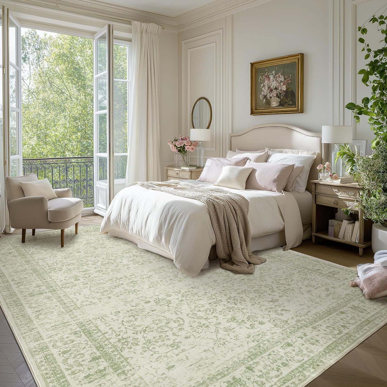 Sage Green Area Rugs 9x12 Living Room No Slip Stain Resistant Large Area Rug for Bedroom Low Pile Soft Boho Distressed Style Light Green Rug 9 x 12 Washable Carpet for Dining Room Playroom 9' x 12' (Rectangular) Sage Green