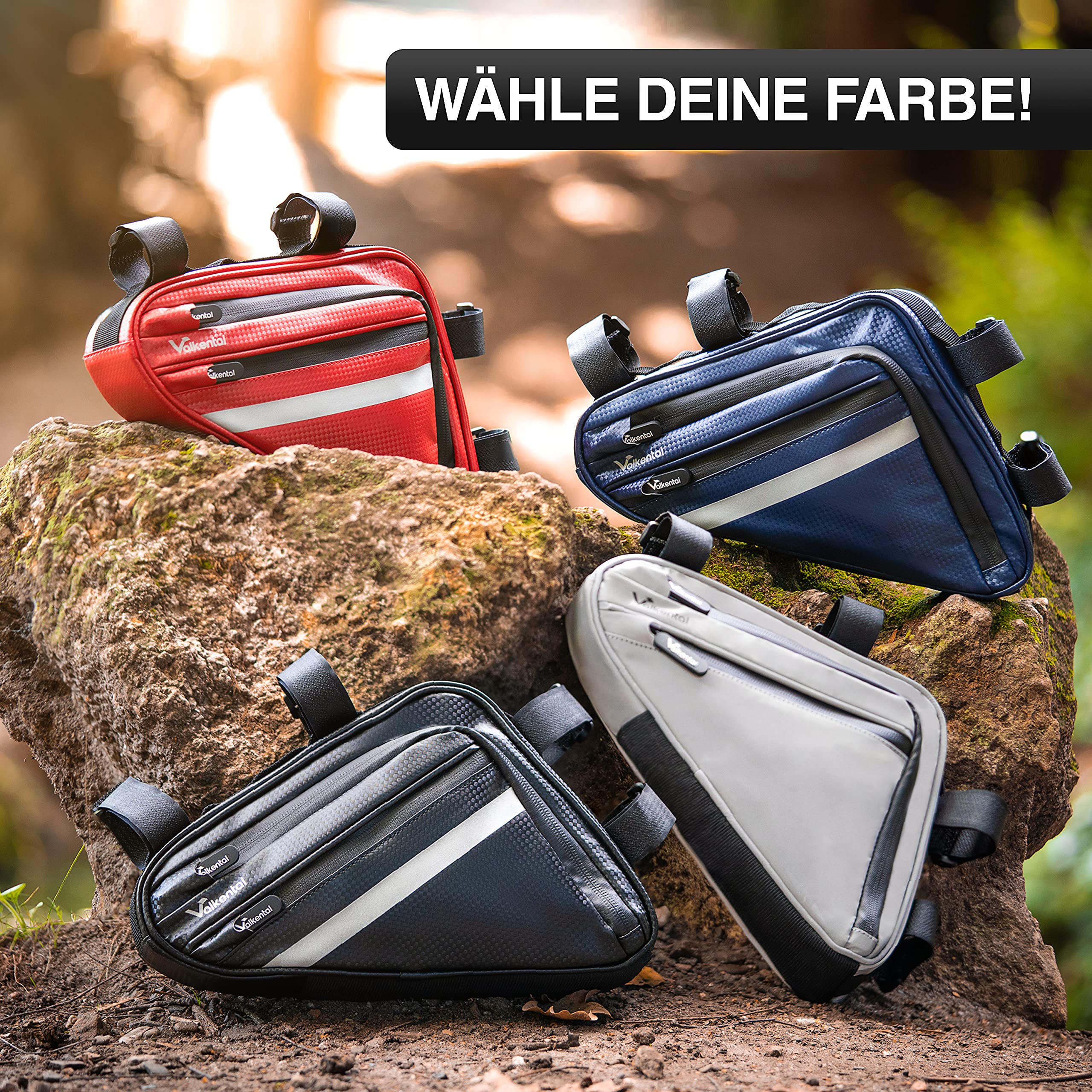 Valkental - Wasserfeste Rahmentasche mit viel Platz - 1,5L Volumen - Fahrradtasche mit Reflektoren und Praktischen Fächern
