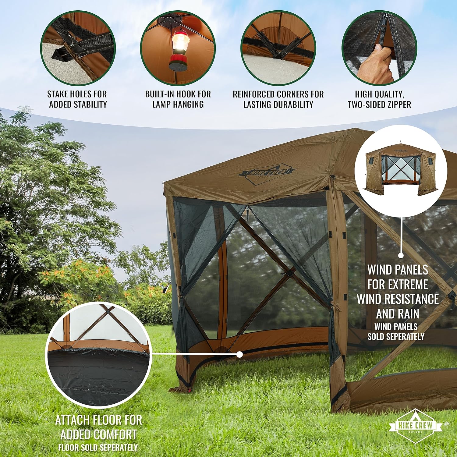 Hike Crew 12’ x 12’ Pop-Up Gazebo Screen Tent | Screened 6-Sided Instant Outdoor Canopy Shelter with Stakes, Ropes & Carry Bag for Camping, Sports & Picnic Table | UV Resistant SPF 50+