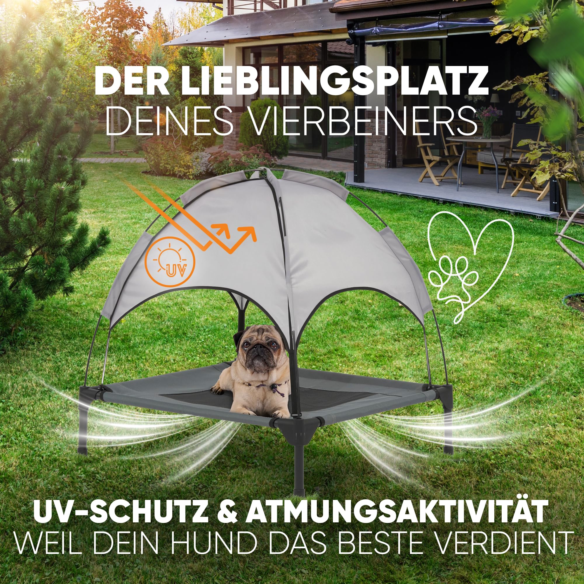 Deuline Hundeliege mit Dach erhöhtes Hundebett Garten Outdoor Haustierliege M-76x61x18/71cm GRAU 520080