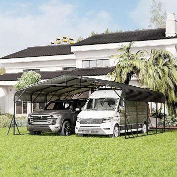 20x20 FT Heavy Duty Outdoor Carports, Metal Canopy Carport Garage Shelter with Reinforced Frame, Base and 4 Support Legs for Cars Pickup Trucks Tractors Boats RVs Parties