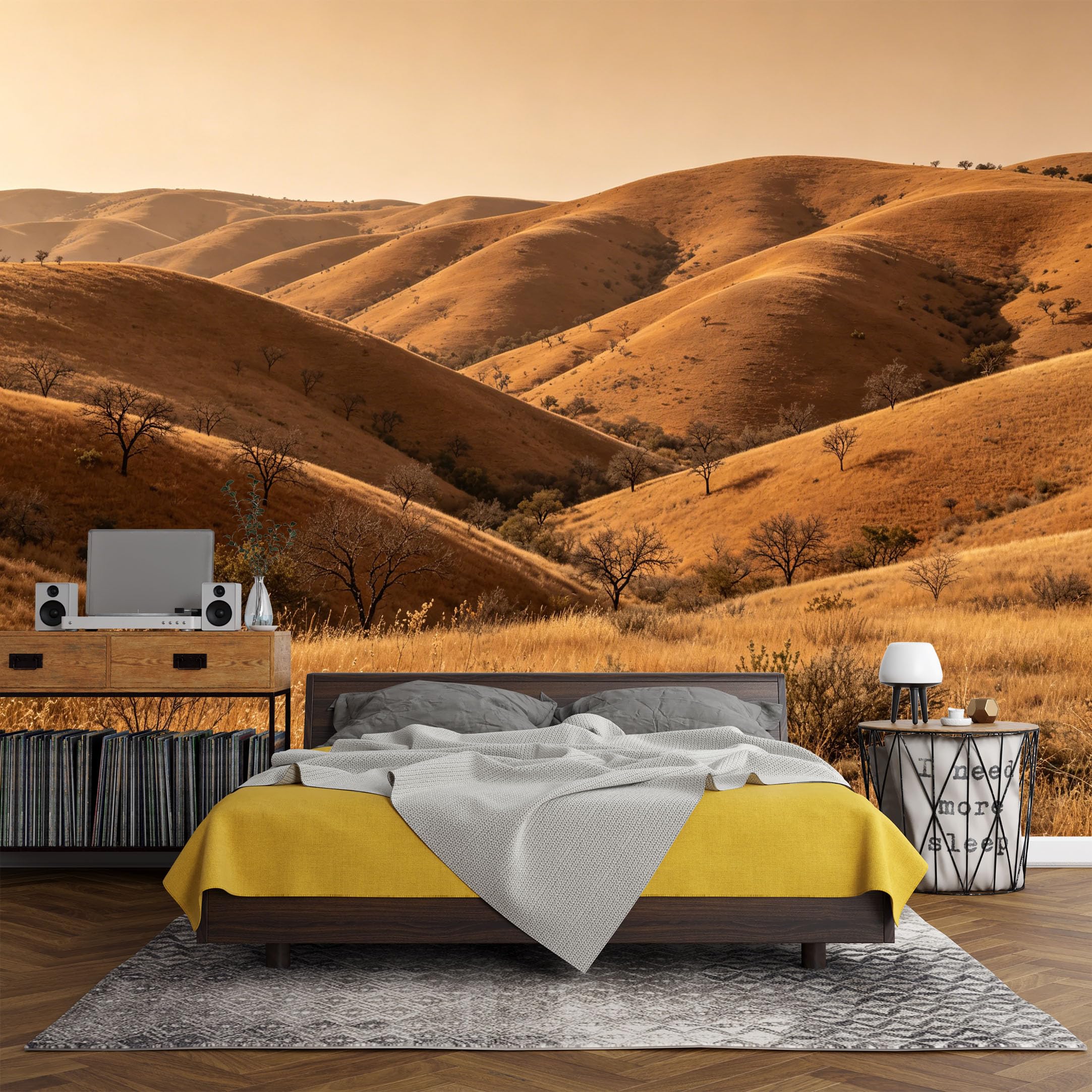 Custom Size Wall Mural， Western Desert Hills Golden Grasses Landscape，SelfAdhesive Art Prints wall Fabric (No PVC) Removable Wallpaper Living Room Decor