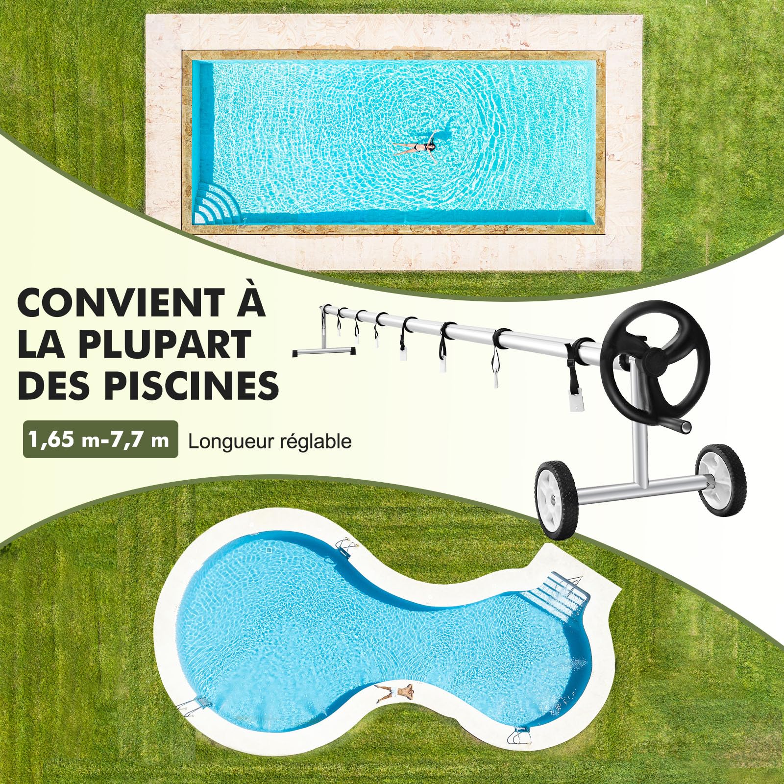 GOPLUS Enrollador Piscina para Liner de Piscina 1,65-7,7 m, Enrollador Lona Piscina de Aluminio y Soporte de Acero Inoxidable