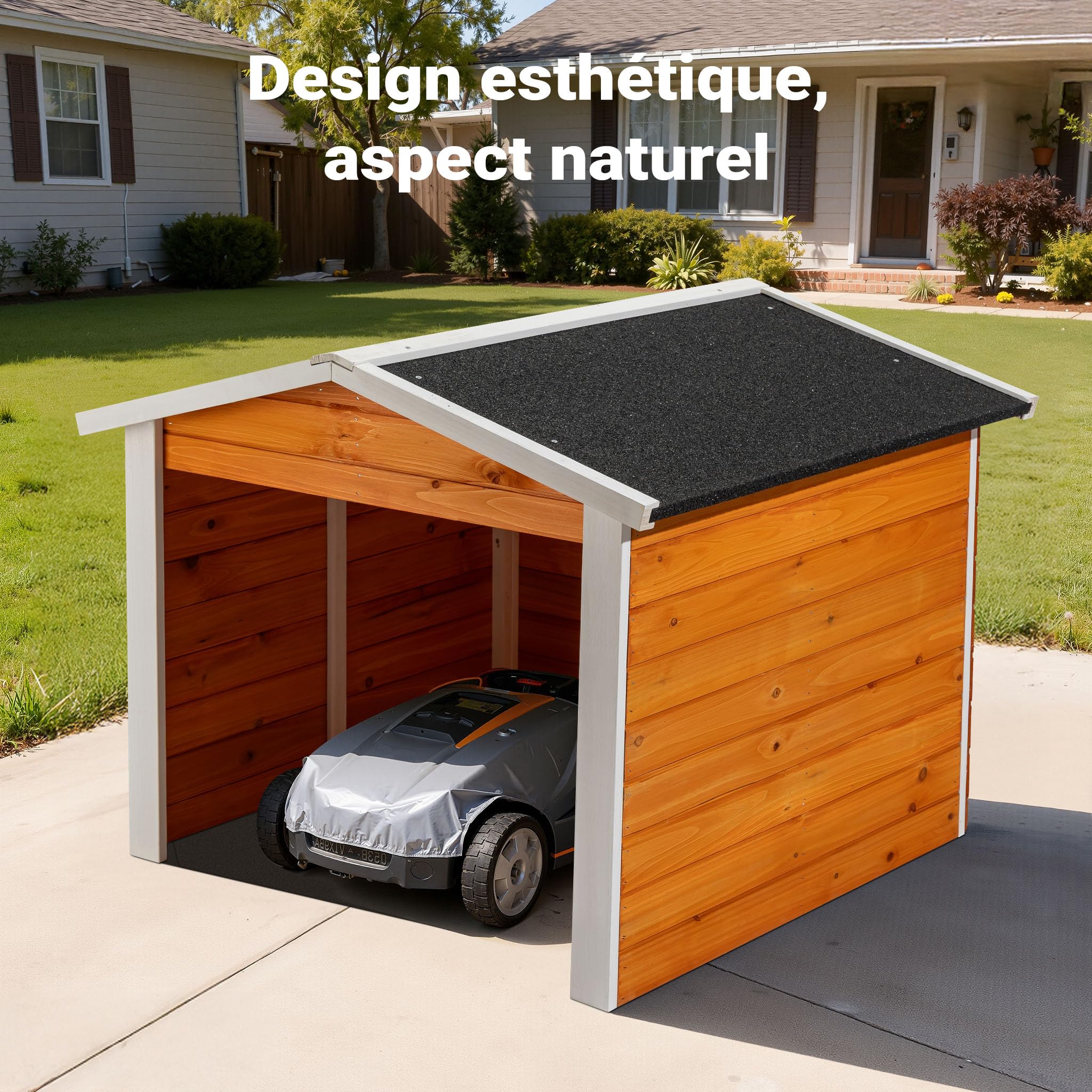 Wiltec Garage de Robot Tondeuse – 870 x 800 x 700 mm – Couleur Orange Noir – en Bois et avec Toit incliné – Abri Carport de Jardinage Tonte de Gazon
