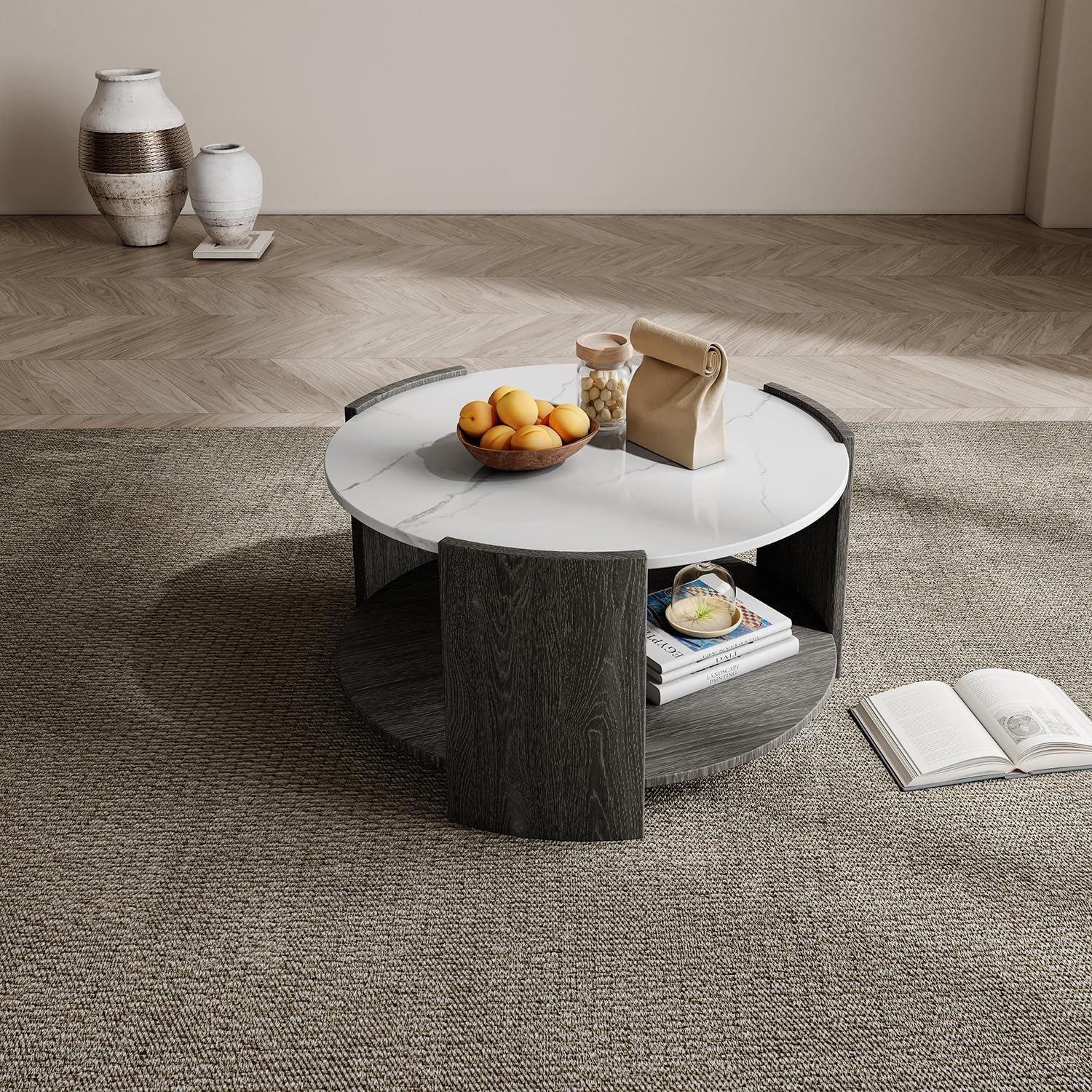 Round Coffee Table, 36" Rustic Modern Circle Coffee Tables with 2 Tier Storage Shelf, Cocktail Table for Living Room Apartment