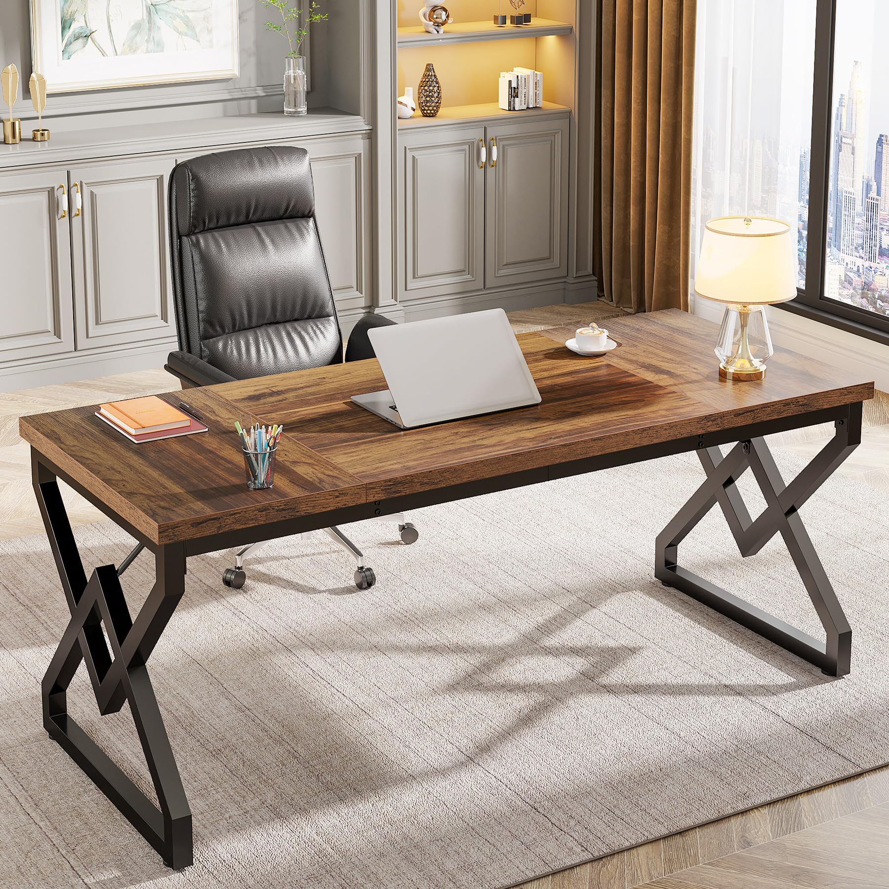 Tribesigns Scrivania, 160 x 70 x 75 cm Grande scrivania per ufficio con piano in legno extra spesso e struttura in metallo, postazione di lavoro, scrivania direzionale da studio per l'ufficio di casa