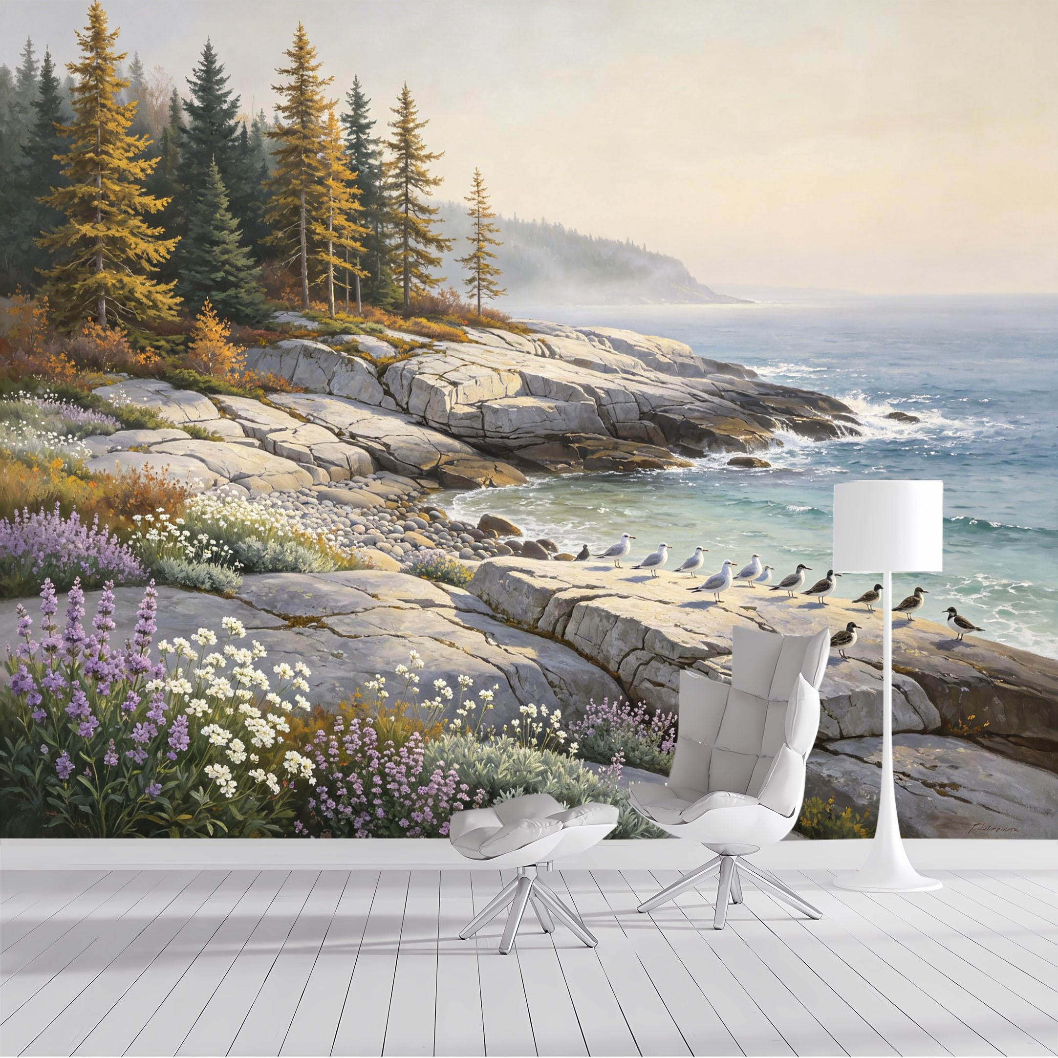 Custom Size Wall Mural Coastal Seascape Seagull Pine Forest Landscape Oil Painting SelfAdhesive Wall Fabric Removable Peel and Stick Wallpaper Wall Decor for Living Room Bedroom Bathroom