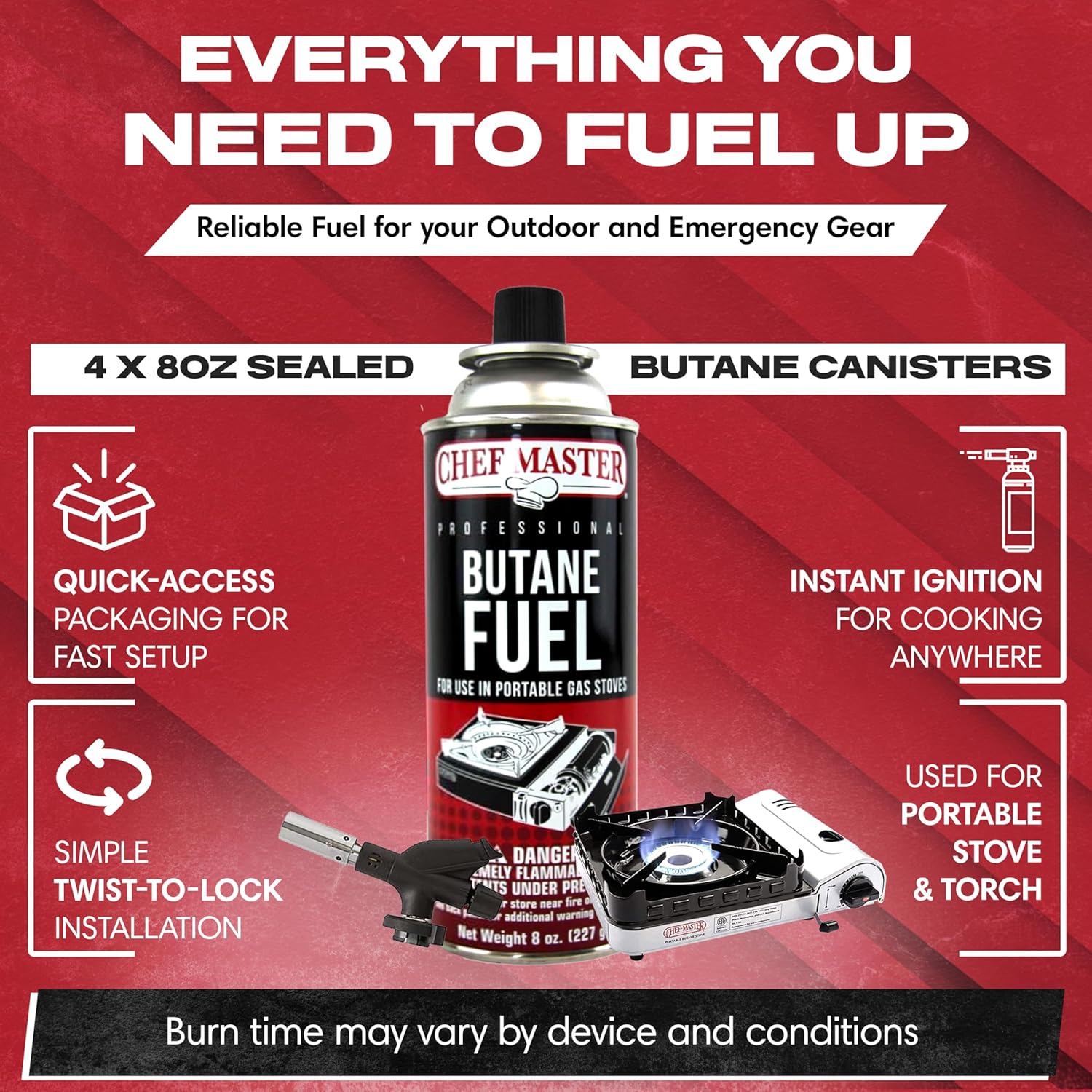 Chef Master 24x 8oz Butane Fuel Canister - Butane Fuel for Camping Stove & Kitchen Torch - Gas Canister for Picnics, Outdoor Cooking, Grilling - Camping Stove, Torch Fuel Camping Essentials - 90340