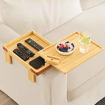 Bamboo Sofa Arm Tray Table With Rotating Mobile Holder, Stable Couch