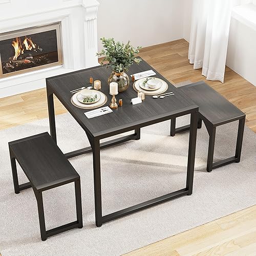 Miniatura 11 de Gizoon Juego de mesa de comedor de 45.5 pulgadas para 4 personas con 2 bancos, juego de mesa de cocina con marco de metal y tablero de MDF, comedor