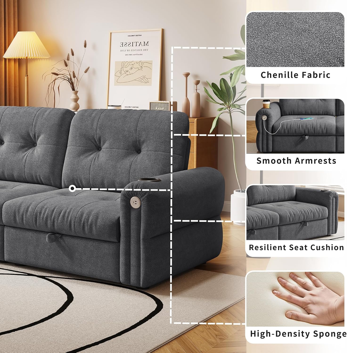 77'' Pull Out Couch Full, Chenille Sleeper Sofa with 5-Minute Assembly, Convertible Futon Sofa Bed, Adjustable Backrest, USB, 2 Cup Holders, Loveseat for Living Room, Office, Dark Gray